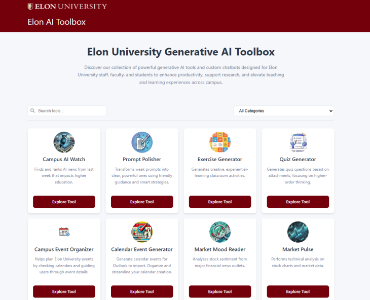 A screenshot of the Elon University Generative AI Toolbox webpage displaying various AI tools, such as Campus AI Watch, Prompt Polisher, and Quiz Generator, each with descriptions and “Explore Tool” buttons.