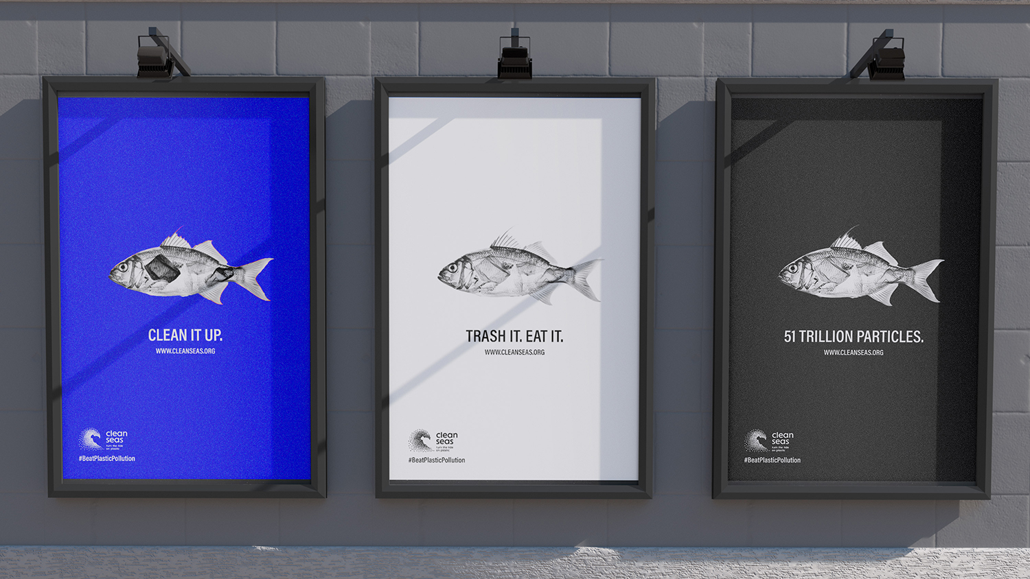Posters of fish made of plastics highlighting the Clean Seas campaign.