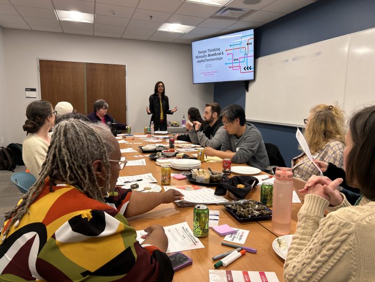 A group of people sit around a table with food and papers as a presenter stands at the front of the room leading a session on “Design Thinking: Mutually Beneficial & Joyful Partnerships,” displayed on a screen.