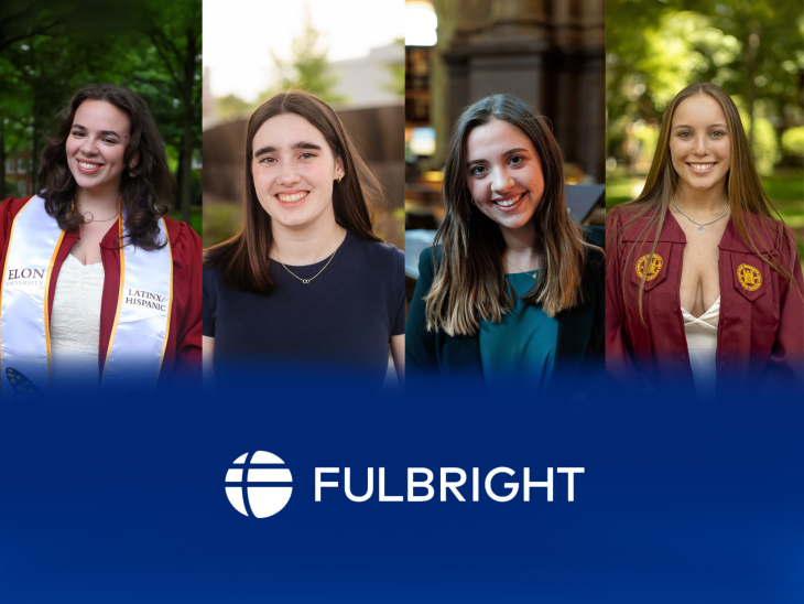 A collage of four smiling Elon students, two in graduation attire and two in casual or professional dress, above a blue banner featuring the Fulbright logo and text.