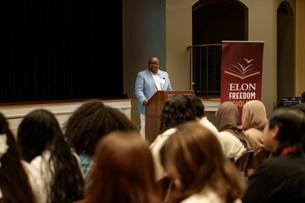 Hilton Kelly, dean of Elon College, the College of Arts and Sciences speaks at the Freedom Scholars Symposium on June 27, 2025.
