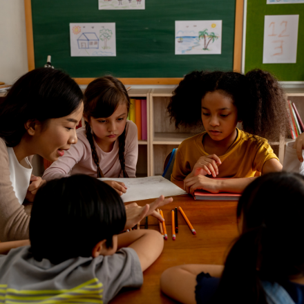 Abroad teacher in huddle with students.