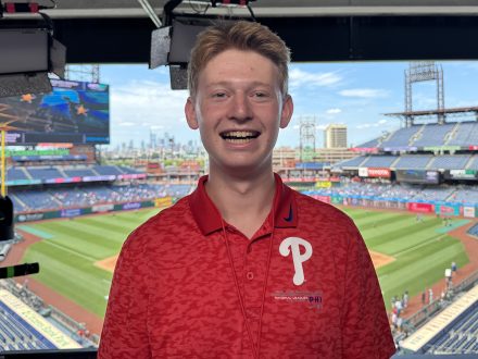 Scott Katz ’26 in the Citizens Bank Park broadcast studios.