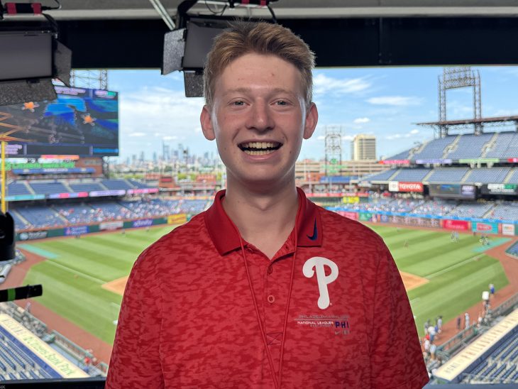 Scott Katz ’26 in the Citizens Bank Park broadcast studios.