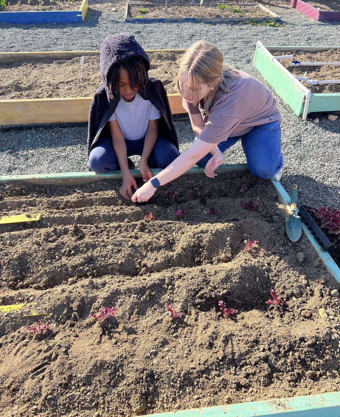 A young woman and a child kneel in a raised garden bed, planting seedlings together in freshly tilled soil.