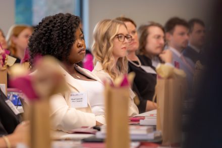 Elon Law Flex Program students seated in rows in a classroom. The Elon Law Flex Program allows working students to attend part-time law school in Charlotte.