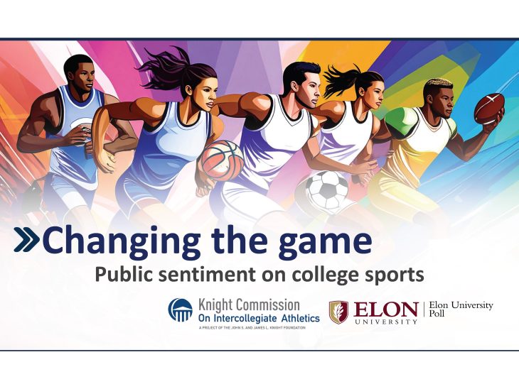 This is a graphic that reads "Changing the Game" with images of AI-generated athletes. The graphic was made to promote a survey by the Knight Commission on Intercollegiate Athletics and the Elon University Poll.