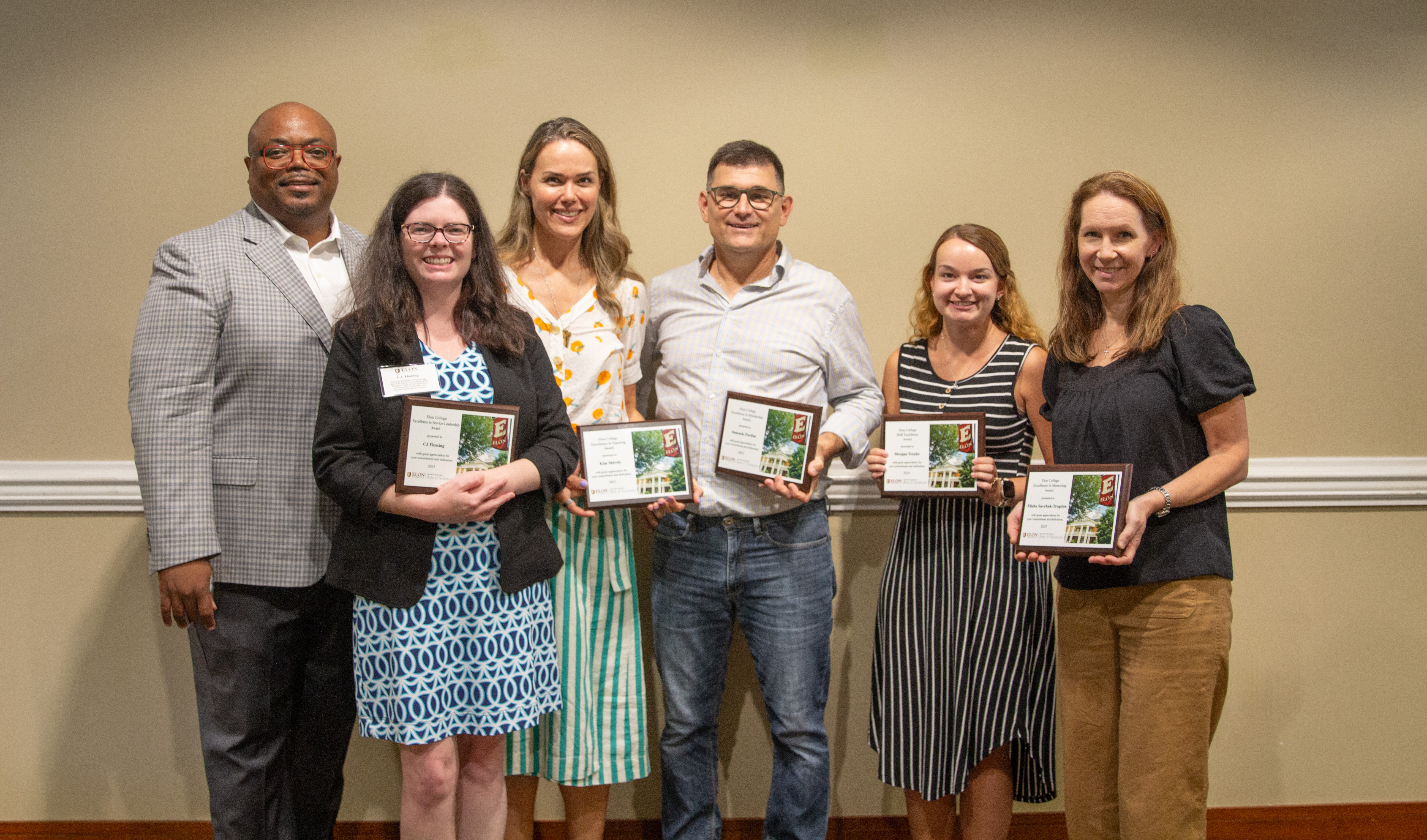 Winners of the Elon College, the College of Arts and Sciences, 2025 College Excellence Awards: from left to right: dean Hilton Kelly, Chair of the Department of Human Service Studies & Associate Professor of Psychology CJ Fleming, Associate Professor of Performing Arts Kim Shively, Professor of Italian Samuele Pardini, Program Assistant for Political Science & Public Policy, Philosophy & Religious Studies Morgan Troxler and Associate Professor of Political Science and Public Policy Elisha Savchak-Trogdon
