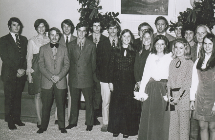 A black and white group photo of college students from 1970