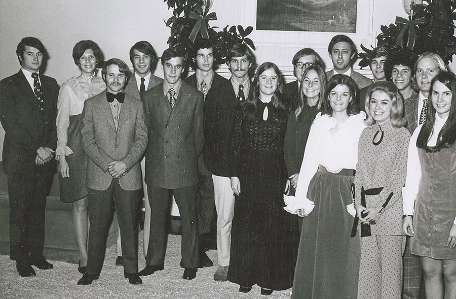 A black and white group photo of college students from 1970