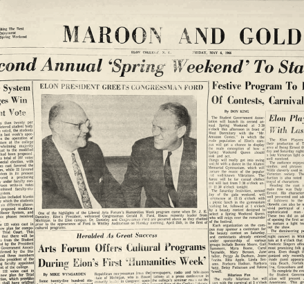 The front page of an issue of Elon University's Maroon and Gold student newspaper from 1966