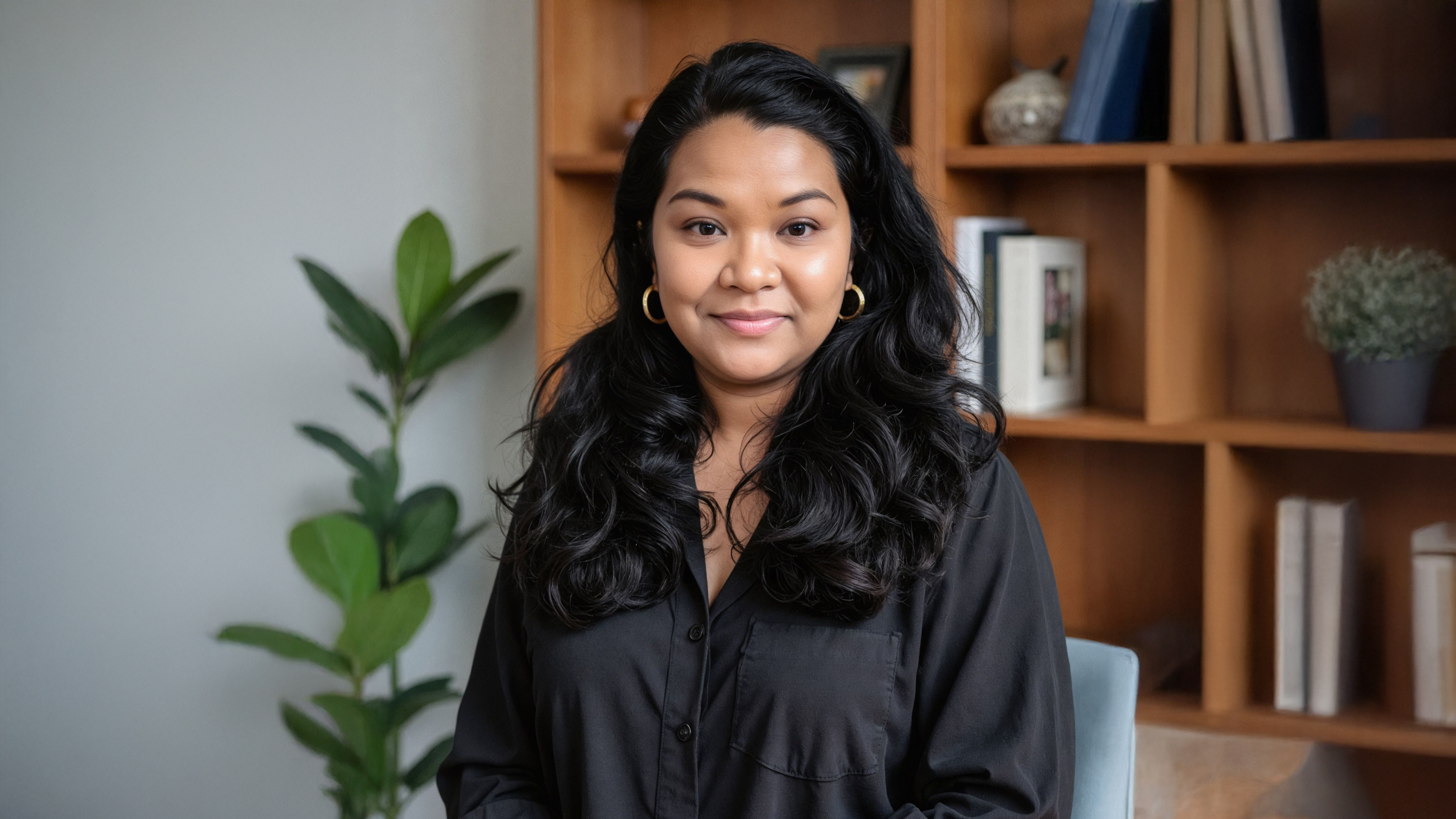 A woman with dark long hair, a dark top and gold earrings sits in front of a bookshelf with various items with a plant next to it.