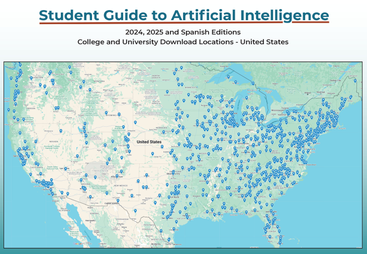 A map of the United States with hundreds of dots where the Student Guide to AI has been downloaded.