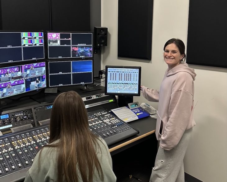 Cristina Madaio '26 smiles for a photo while working on production for ESTV. | Photo provided Cristina Madaio