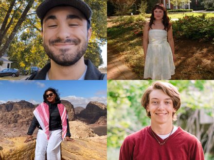 Four students pose for photos: one smiling outdoors, one in a dress on campus, one in a desert landscape, and one in a red sweater with greenery.
