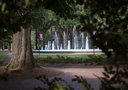 A fountain is visible through trees with an Elon banner hanging next to it