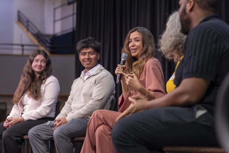 Alejandra Campoverdi answers questions from students during the Common Reading Lecture on Sept. 18 in Elon University's Alumni Gym.