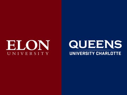 “Split graphic with Elon University logo on maroon background and Queens University of Charlotte logo on navy background.”