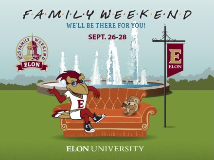 Elon University Family Weekend 2025 poster with mascot, squirrel, and fountain, promoting Sept. 26–28 event.