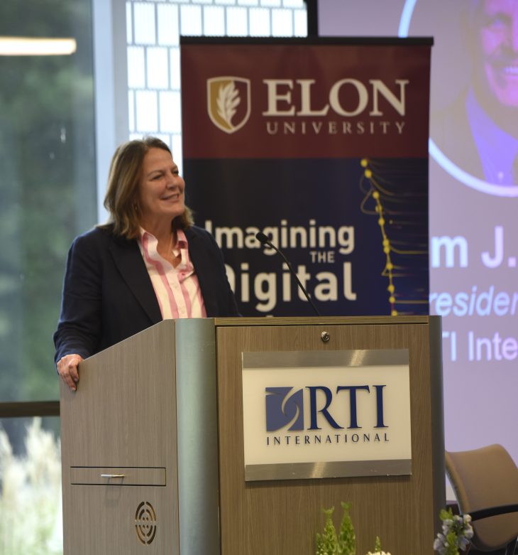 Elon University President Connie Ledoux Book delivers opening remarks of an RTO International and Elon University co-hosted summit on AI on Sept. 17, 2025