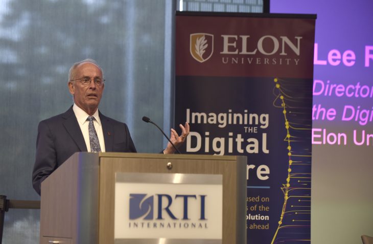 Lee Rainie, director of Elon University's Imagining the Digital Future Center, addressess attendees of an AI summit co-hosted by RTI Internationl and Elon University on Sept. 17, 2025