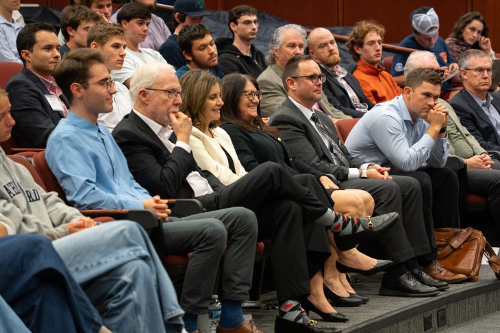 Photo of Ed Doherty with Dean Haya Ajjan and Director of the Doherty Center Dina Rousset