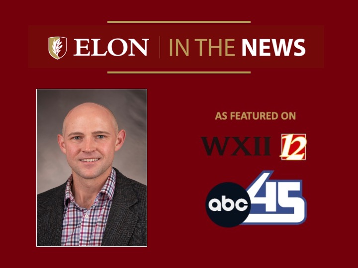 Red “Elon in the News” graphic showing a headshot of a bald man in a blazer and plaid shirt, next to “As featured on WXII 12 and ABC 45” with both station logos.