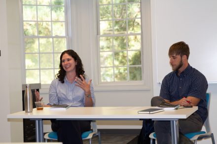 Assistant Teaching Professor Ben Murphy leading a moderated discussion with Associate Professor Erin Pearson to celebrate the publication.