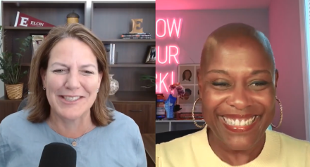 Split screen of two women smiling and talking