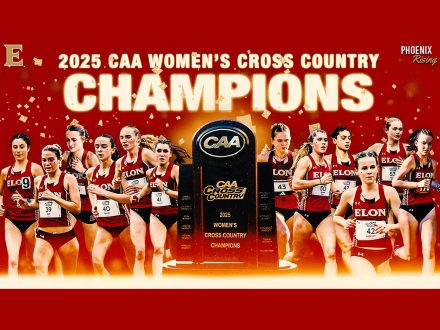 Graphic celebrating Elon University women’s cross country team as 2025 CAA Champions. Features eleven runners in Elon uniforms surrounding a large CAA championship trophy. Bold gold text reads ‘2025 CAA Women’s Cross Country Champions’ with confetti and the Phoenix Rising logo on a red and gold background.