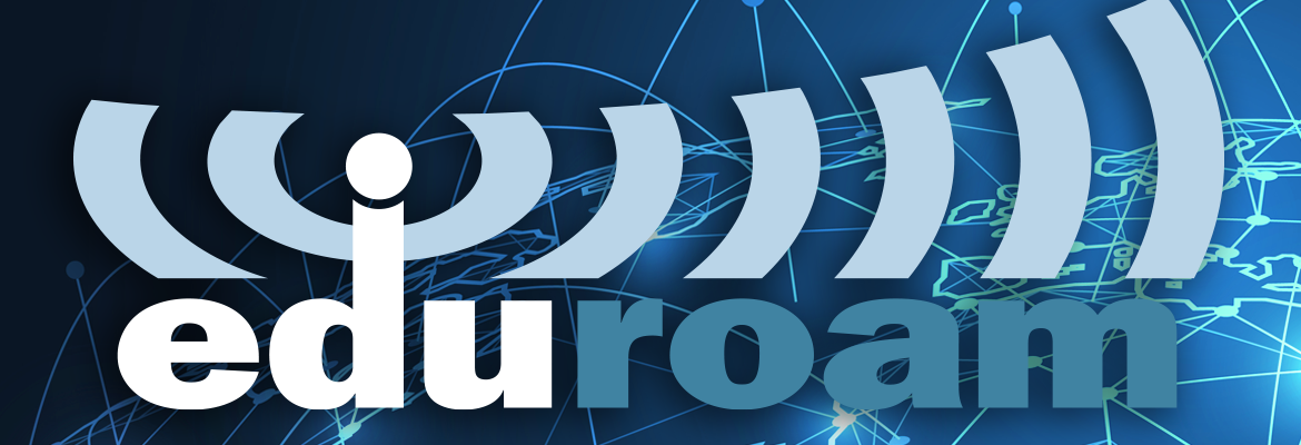 The eduroam logo appears in large white and blue letters over a dark blue digital map background with connected lines and network nodes.