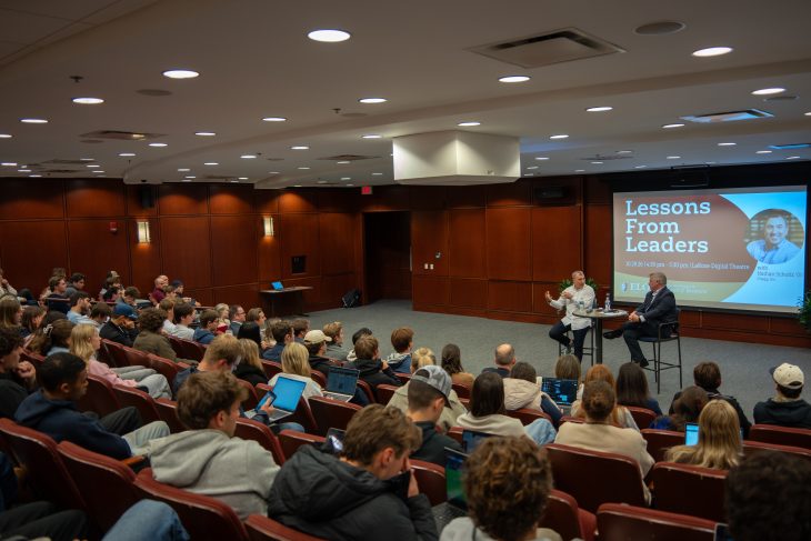 Nathan Schultz '00 speaking at Lessons from Leaders event at Elon University