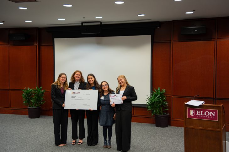 Runners up: Addy Compher ’26, Amy Strudwick ’26, River Cranford ’26 and Kate Neill ’26 with Grace Chadwick, COO at Crumbl