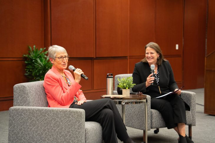 Sally Jewell, former U.S. Secretary of the Interior and REI CEO and Elon University President Connie Ledoux Book