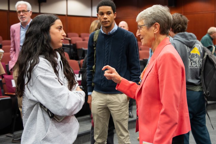 Sally Jewell, former U.S. Secretary of the Interior and REI CEO, speaking with student at Elon University