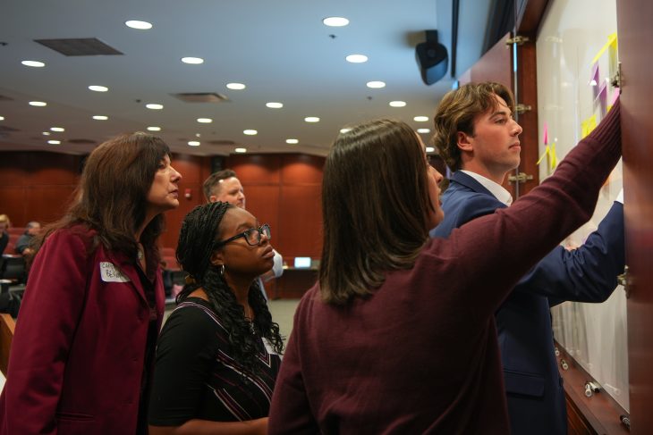 Students adding their thoughts and questions on the white boards in LaRose Digital Theatre