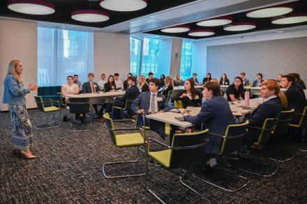 April Frazer '03 speaking with the Business Fellows at Wells Fargo in NYC