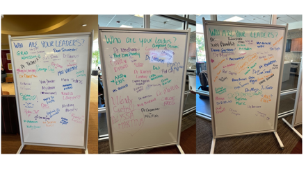 Three photos of white boards side by side