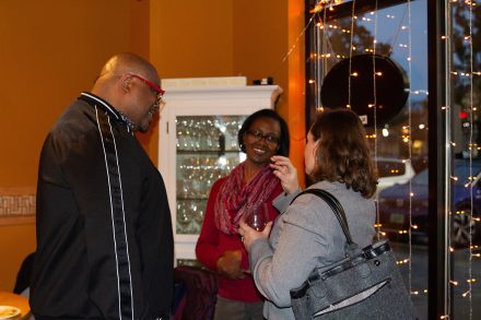 Hilton Kelly, dean of Elon College, the College of Arts and Sciences, Sirena Hargrove-Leak, professor of engineering and Kelsey Bitting, assistant professor of environmental studies, talking at the grant reception.