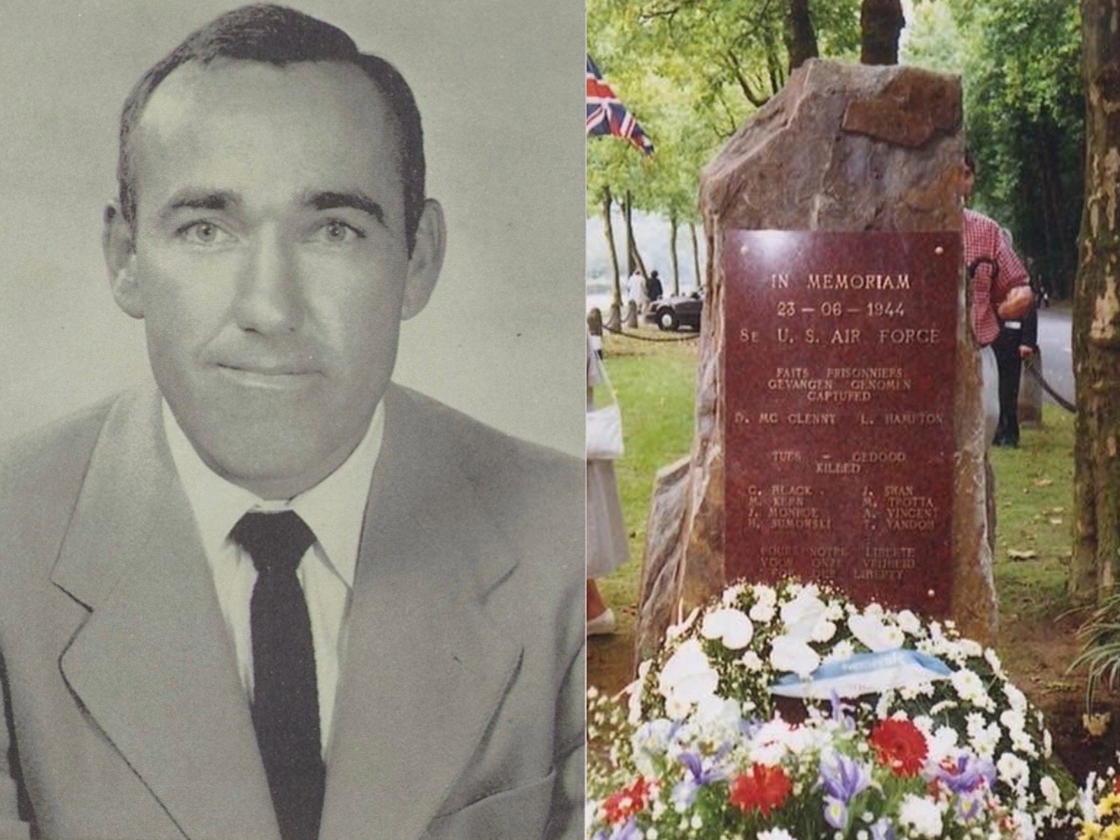 Collage of black and white portrait of Dave McClenny in a suit and tie and a color photo of a red stone monument surrounded by flowers