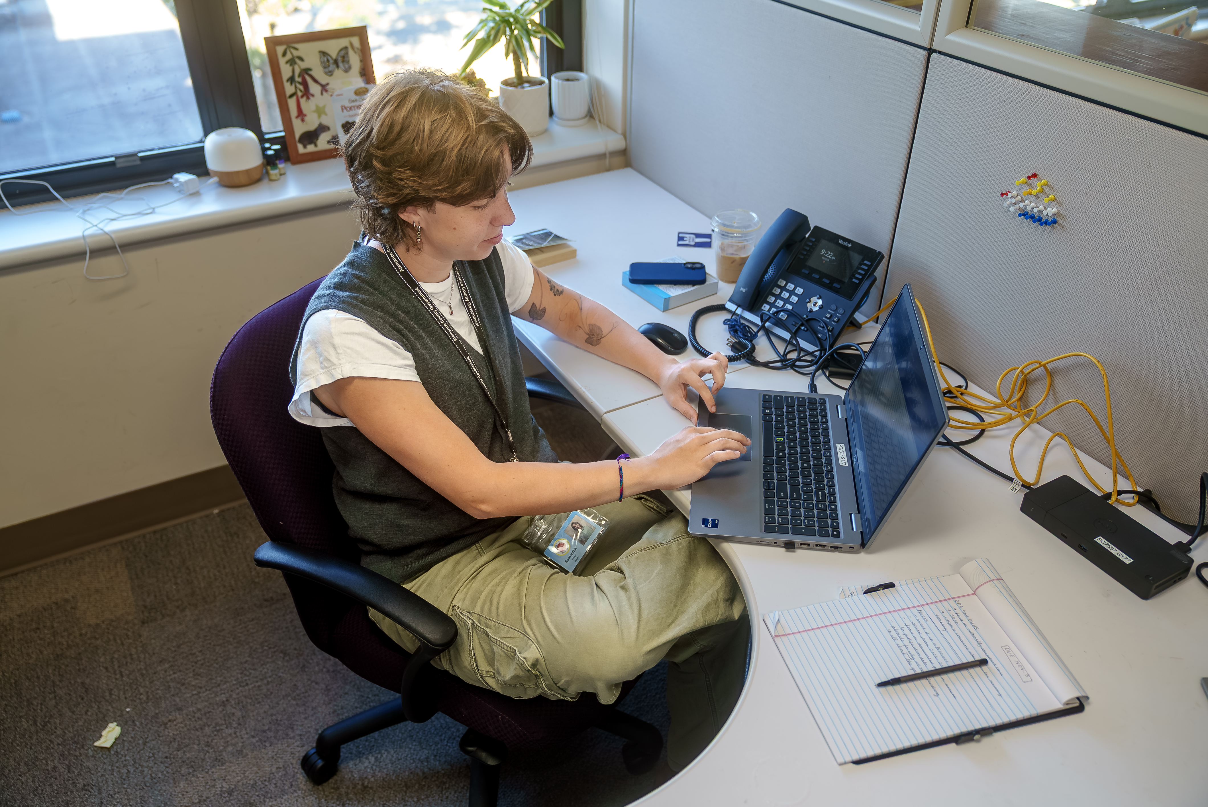 A person sits in a cubicle and works on a laptop 