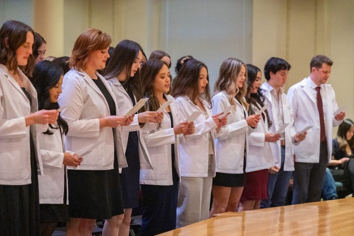 Thirty-five students in the Class of 2026 of Elon University's Master of Physician Assistant Studies Program recited the Physician Assistant Professional Oath during a White Coat Ceremony on Nov. 21, 2025.