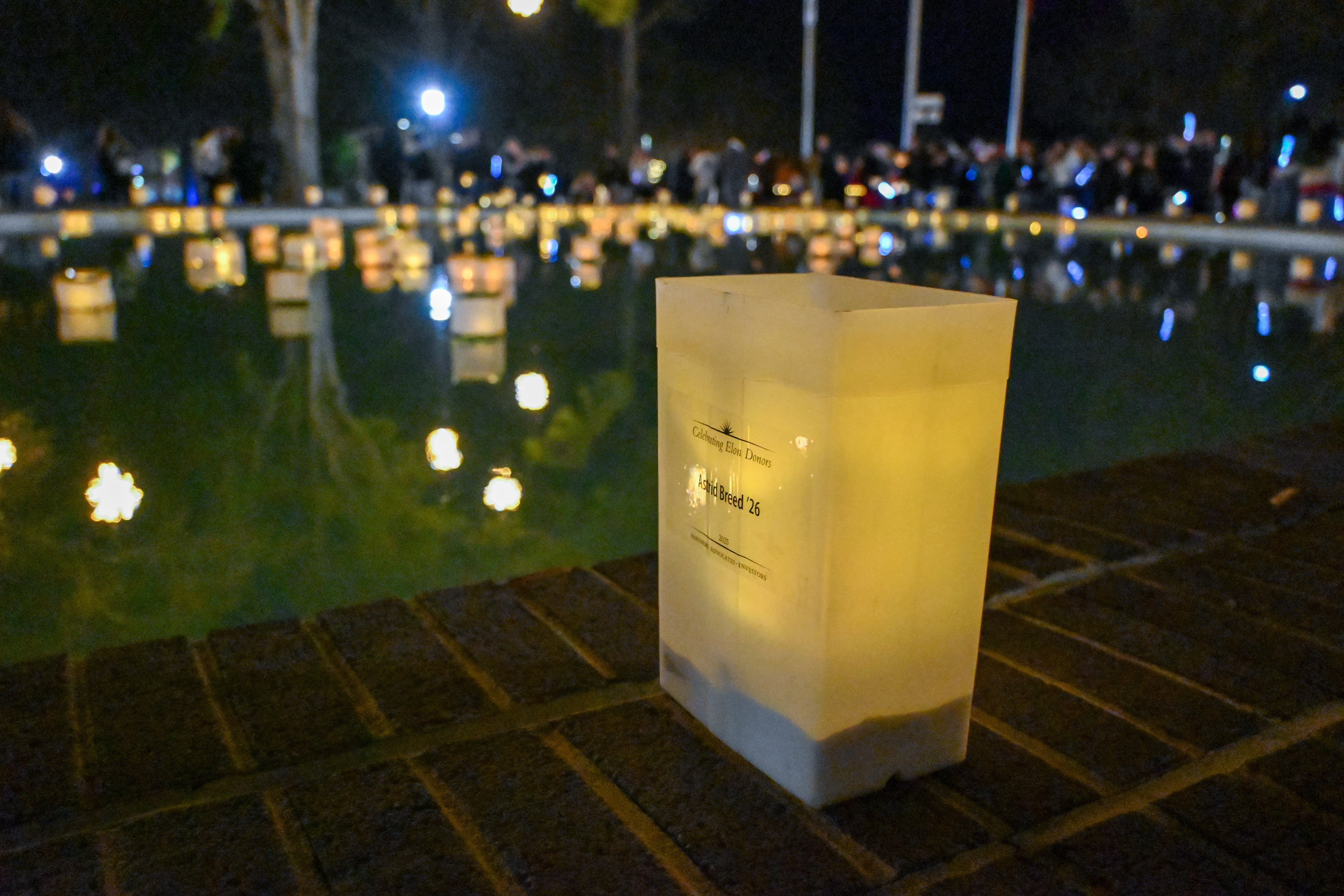 A glowing paper lantern sits on the edge of a brick walkway beside a reflective pool, with many lanterns floating on the water and a crowd gathered in the background during a nighttime event.