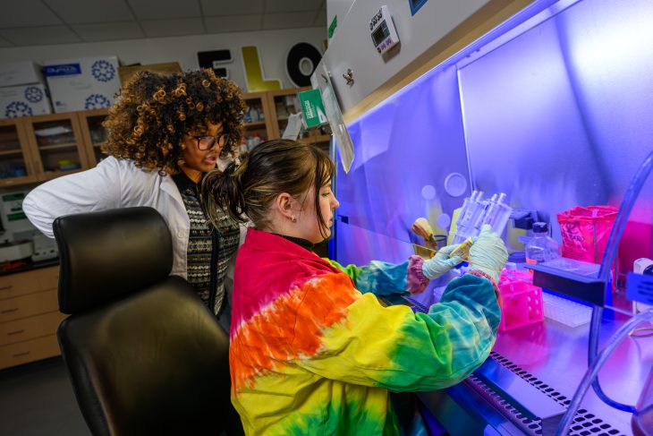 Students working with Assistant Professor Efrain Rivera-Serrano in a McMichael Science Center biology lab on Nov. 18, 2025.