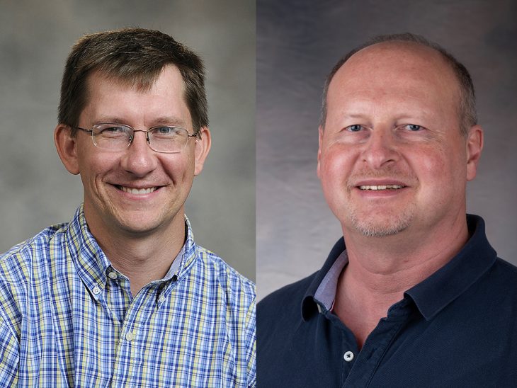 (Left to right) Kyle Altmann, associate professor of physics, and Martin Kamela, associate professor of physics and chair of the Department of Physics and Astronomy