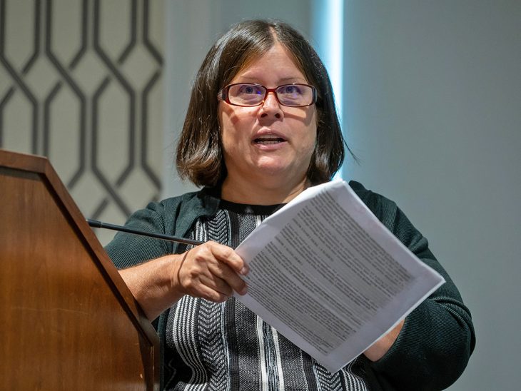 Dr. Vanessa Bravo, 2022 Distinguished Scholar Award recipient, delivers the plenary lecture on “Strategic communications, public diplomacy and activism: The role of governments and diaspora groups,” September 27, 2023 in LaRose Student Commons on the campus of Elon University.