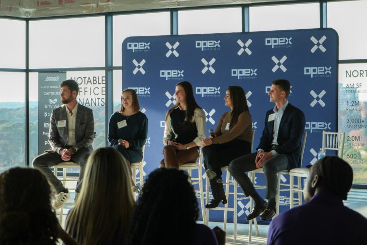 Luke Perkins, founder, Swift Partners PLLC; Megan Hussey ’20, medical sales representative, Sazerac; Taylor Casey ’15, founder, Kahmino; Avery Lawson, project consultant, McDonough Bolyard Peck; Brendan Farrell, financial advisor, UBS
