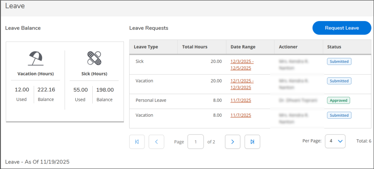 A screenshot of the Self-Service Leave page shows an employee’s leave information. On the left, a Leave Balance section displays two summary boxes: Vacation Hours, with 12 hours used and 222.16 hours remaining; and Sick Hours, with 55 hours used and 198 hours remaining. On the right, a Leave Requests table lists several recent leave entries, including sick leave, vacation, and personal leave. Each row includes the leave type, total hours, date range, actioner, and a status tag such as “Submitted” or “Approved.” A blue “Request Leave” button appears at the top right of the table. Navigation controls for viewing multiple pages of requests are located at the bottom of the table. The interface uses a clean white background with gray section dividers and simple icons representing leave types.