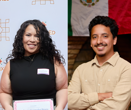 Woman posing headshot style with a certificate. Man posing to take a headshot.