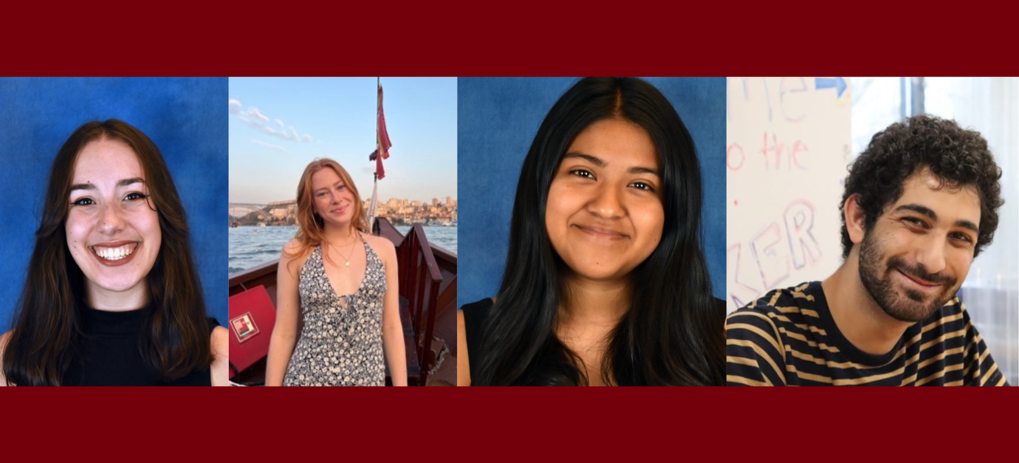 Headshots of the four Elon University juniors were inducted last spring into Phi Beta Kappa. From left to right, Mira Fitch ’26, Sara Fritz ’26, Daisy Martinez-Jimenez ’26 and Rony Dahdal ’26.